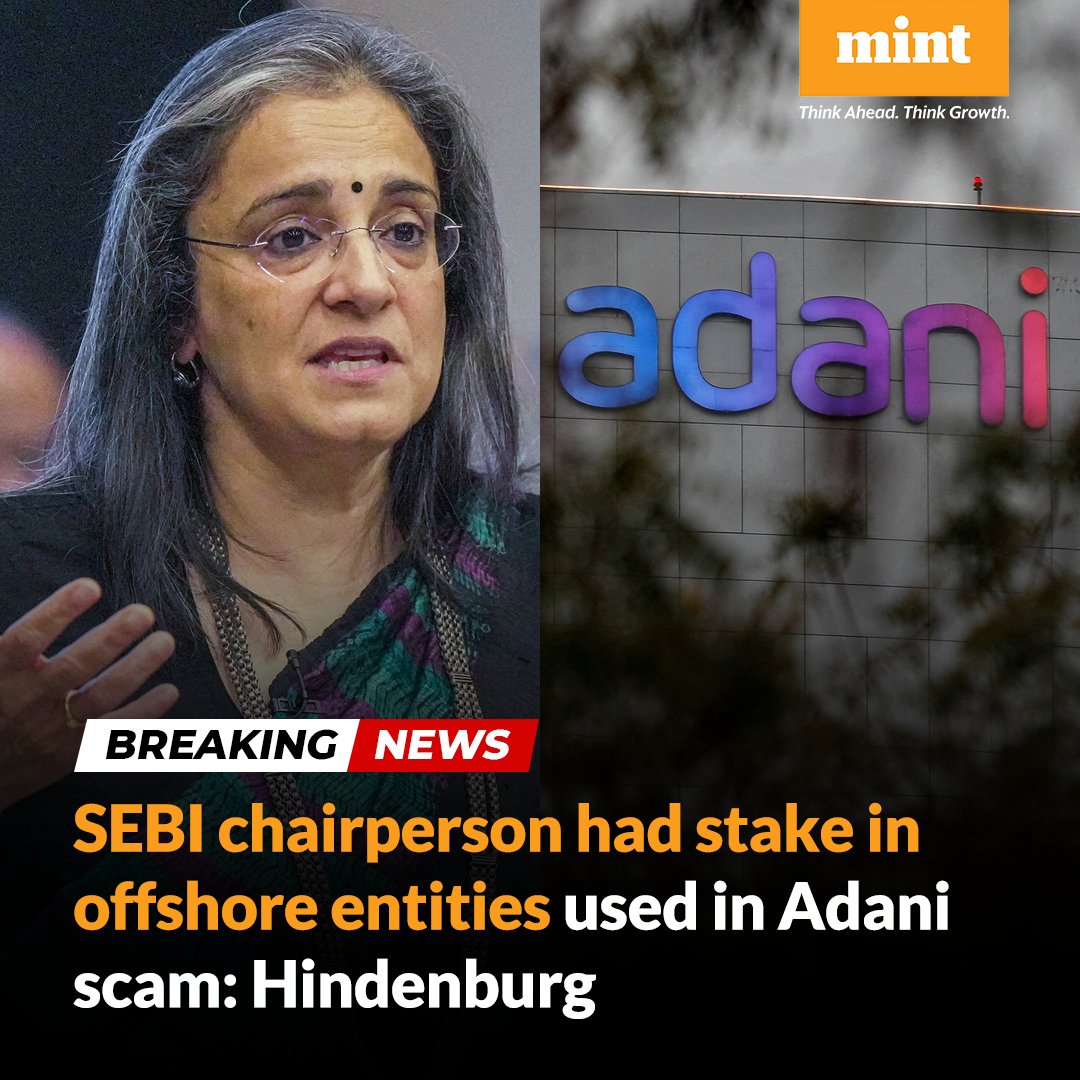 livemint's tweet image. Citing whistleblower documents, a new report by #HindenburgResearch said #MadhabiBuch, chairperson of market regulator #SEBI, and her husband owned stakes in offshore entities linked to the #AdaniGroup&apos;s alleged financial misconduct.

Read here: read.ht/Sbnn