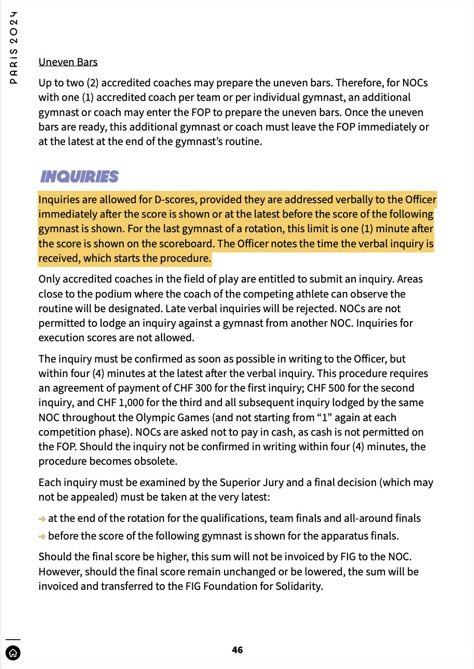 Pamchenkova's tweet photo. Among other things that need reforming, this is among them. For all other gymnasts in the final, roughly 3-4 minutes are permitted to make an inquiry.

For the last gymnast of the final? Max. 1 minute. Jordan’s inquiry was 4 seconds late. https://t.co/r2rvIQOSDi