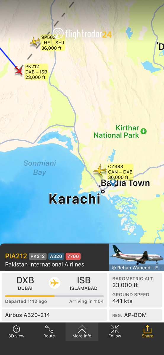 SquawkTracker's tweet image. Flight PK212 from Dubai to Islamabad
fr24.com/PIA212/36924414 Diverting to Karachi. Reason for declared emergency unknown. We are tracking…