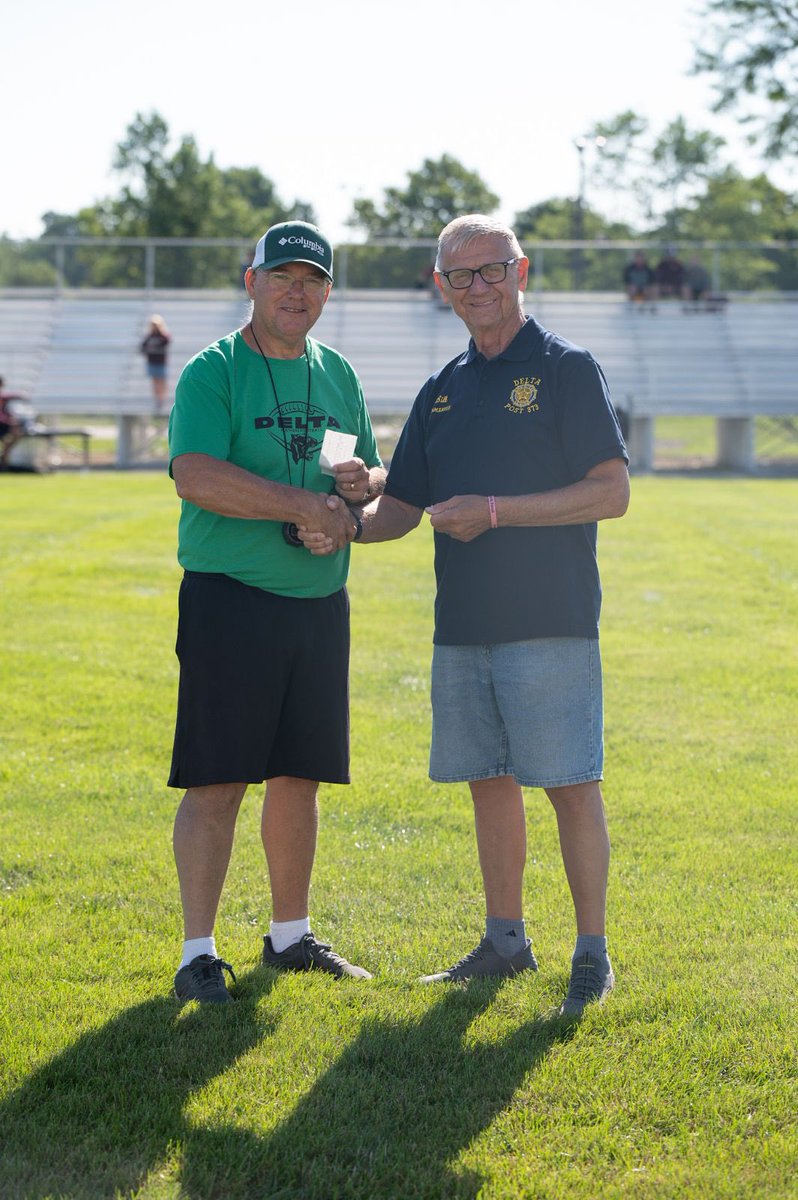 This morning Bill Pacak presented a check to head coach Mike Vicars for a new hydration cooler. We want to thank the Delta Legion and Mr. Pacak for their generous donation to the football program!