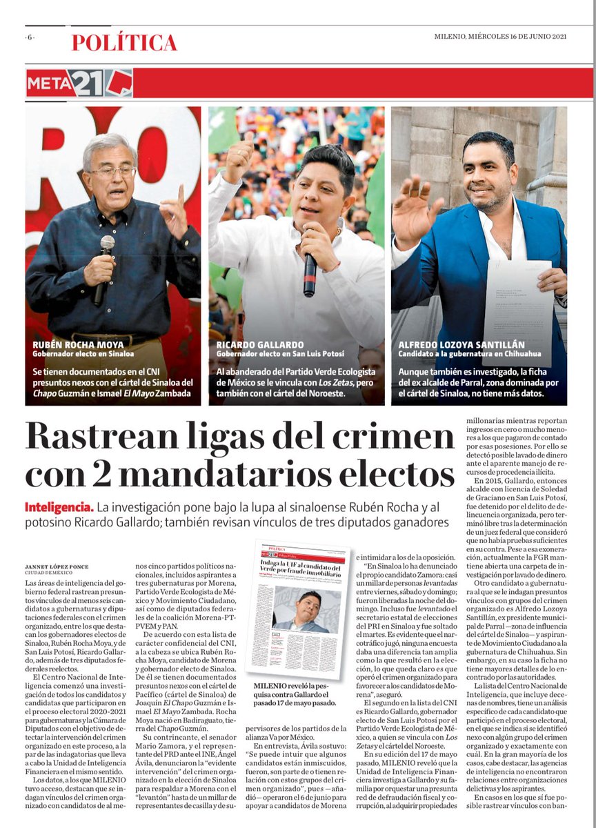 🔴El nexo del gobernador de Sinaloa con El Mayo lo sabía el gobierno federal desde que fue electo hace 3 años.

El 16 de junio de 2021 revelamos en MILENIO un informe interno del Centro Nacional de Inteligencia que lo alertaba.

¿Qué hicieron? Dejarlo.
👉milenio.com/politica/elecc…