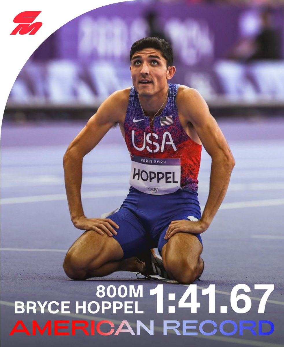 Across the finish line and into the history books 🔥
 
<a href="/BryceHoppel/">Bryce Hoppel</a>’s 1:41.67 fourth place finish in the Olympic 800m final breaks Donavan Brazier’s 5-year-old American record by a huge 0.67 margin.
 
Hoppel becomes the first American ever under 1:42 in the event.