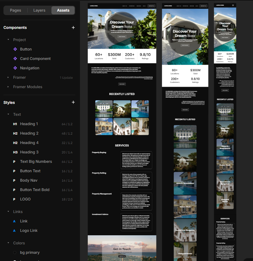 decodeDebangi's tweet photo. Day 11-13 of 30 days @framer challenge.  Working on the real estate listing website.  
1.  Added scroll animations to sections.
2. Made it responsive with 3 breakpoints.
3. Added CMS for the property listings.
There's alot more to do.
#uiux #framer #Challenge #DesignTools https://t.co/qLzG9iTk6U