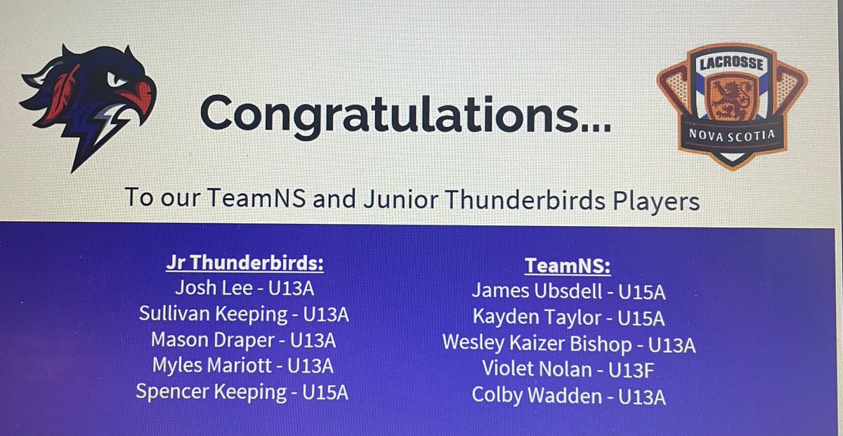 Storm Players representing NS travel to
Regina Nationals Aug10-17 -James,Kayden,Wesley, Violet and Colby safe travels this weekend 

Ontario for jr Thunderbirds Aug 16-18- Josh, Sully,Mason,Myles and Spencer 

share your pics and tag us in it so we can be there with you 
👊🏽🥍