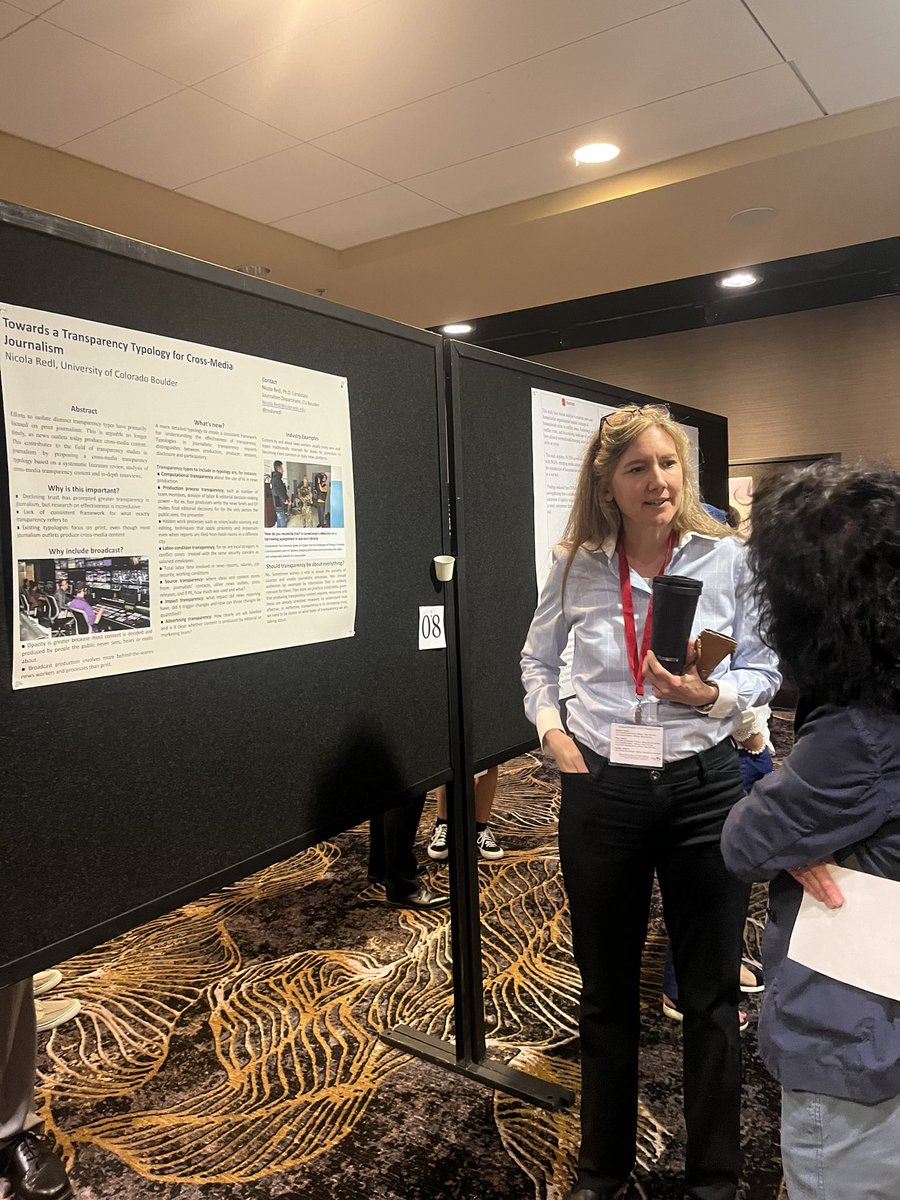 AEJMC_BAMJ's tweet photo. It’s an inspiring day of shared knowledge! Our poster session today at #AEJMC was in full swing with @indinding @amandasiewyk, Guangbin Lyu, Rania El amara &amp; Nicky Redl sharing thier innovative research on challenges &amp; Trends in #journalism. Thanks to discussant Beth Conçepcion. https://t.co/p38VVVI8yn