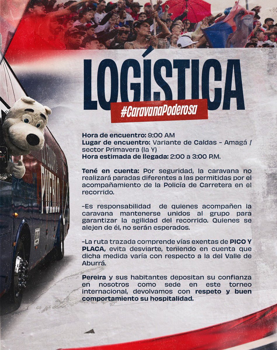 DIM_Oficial's tweet photo. [🚍🔴🔵] ¡NOS VAMOS PARA PEREIRA!
👀 Prestá atención a la información, logística y recomendaciones de la #CaravanaPoderosa 
📍Variante Caldas - Amagá, sector Primavera
🛣️ Ruta: Caldas - Amagá- Bolombolo - Cerritos - Pereira
⚠️ La caravana transitará por las vías exentas de pico y placa
🫡 Invitamos a toda la hinchada a sumarse y JUNTOS ir por un paso más 
🎟️ Partido incluido en el abono 2024-2. Pronto habilitaremos la boletería suelta*

¡Señores lo dejo todo, me voy a ver al ROJO! ❤️💙

#MásFuertesJuntos #SomosMedellín