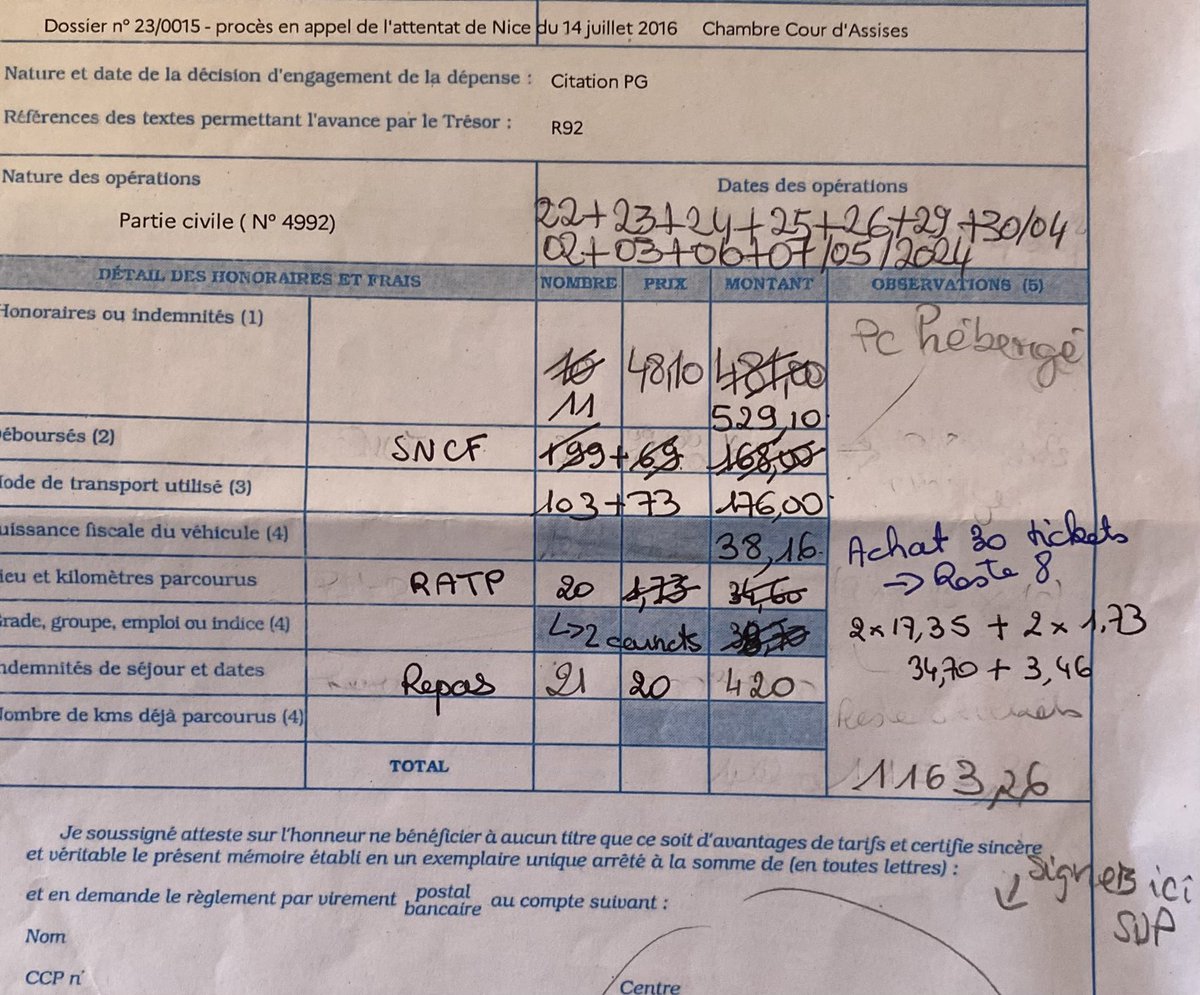 En ce moment les parties civiles de #procesNice essayent d’obtenir leurs remboursements de frais de justice. Parcours de combattants. Voici un exemple de « mémoire » que la Justice nous envoie à signer. Il n’a rien d’exceptionnel : ils sont à peu près tous aussi clairs.