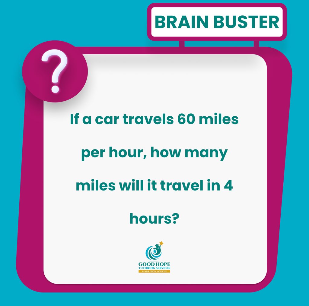GoodHopeTutors's tweet photo. "If a car travels 60 miles per hour, how many miles will it travel in 4 hours? 

🌟 #MathChallenge #SpeedyRide #DriveOn #TravelMath #CalculateThis #CarJourney https://t.co/oOUr94yPEo