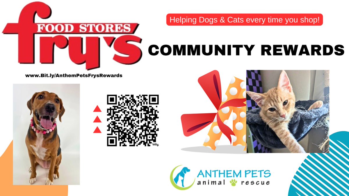 Donations add up quickly with FRY'S Community REWARDS! Follow the link to log into your account, follow the instructions and type in the Anthem Pets NPO, KK342. After that you’ll help DOGS and CATS every time you shop. Thank you!
Bit.ly/AnthemPetsFrys…