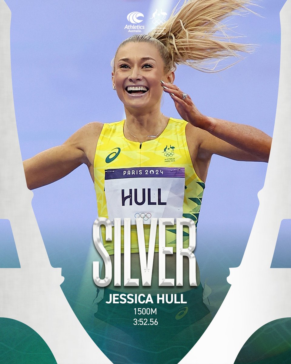 AustralianAths's tweet photo. HISTORY FOR HULL 🥈🥈🥈

Jessica Hull has become Australia’s first woman in history to win an Olympic medal over 1500m, racing to SILVER in a 1500m showdown for the ages in Paris. She stops the clock in 3:52.56 to finish behind only Kenya’s Faith Kipyegon, who set an Olympic record of 3:51.29!

The drought is over. A dream come true 💫💫

More to come.

#AllezAUS #CityOfAthletics #AthleticsNation