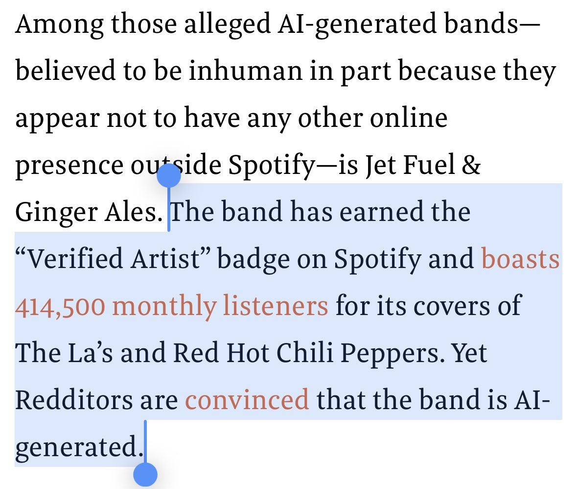 ednewtonrex's tweet photo. The evidence suggests Spotify is intentionally allowing itself to be overrun with AI music:

- Verified artists with AI-sounding vocals, no other online presence
- Some with hundreds of thousands of monthly listeners
- Spotify has doubled down on their messaging that they don’t have a policy against this
- No labelling of AI music means there is no public data on this

As I say in this article by @stokel, Spotify should ban any music made using AI models trained on copyrighted music without permission - these models are training on people’s music to compete with them. And, if it is going to allow other AI music, it should clearly label it so that consumers have a choice over what to listen to.

There’s not only a clear ethical case for this, but a business case too. Platforms that fill themselves with copyright-laundering AI slop will become irrelevant.

https://t.co/L4bN0aakdz