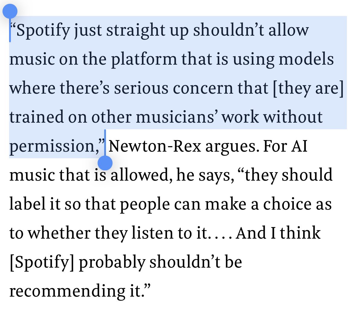 ednewtonrex's tweet photo. The evidence suggests Spotify is intentionally allowing itself to be overrun with AI music:

- Verified artists with AI-sounding vocals, no other online presence
- Some with hundreds of thousands of monthly listeners
- Spotify has doubled down on their messaging that they don’t have a policy against this
- No labelling of AI music means there is no public data on this

As I say in this article by @stokel, Spotify should ban any music made using AI models trained on copyrighted music without permission - these models are training on people’s music to compete with them. And, if it is going to allow other AI music, it should clearly label it so that consumers have a choice over what to listen to.

There’s not only a clear ethical case for this, but a business case too. Platforms that fill themselves with copyright-laundering AI slop will become irrelevant.

https://t.co/L4bN0aakdz
