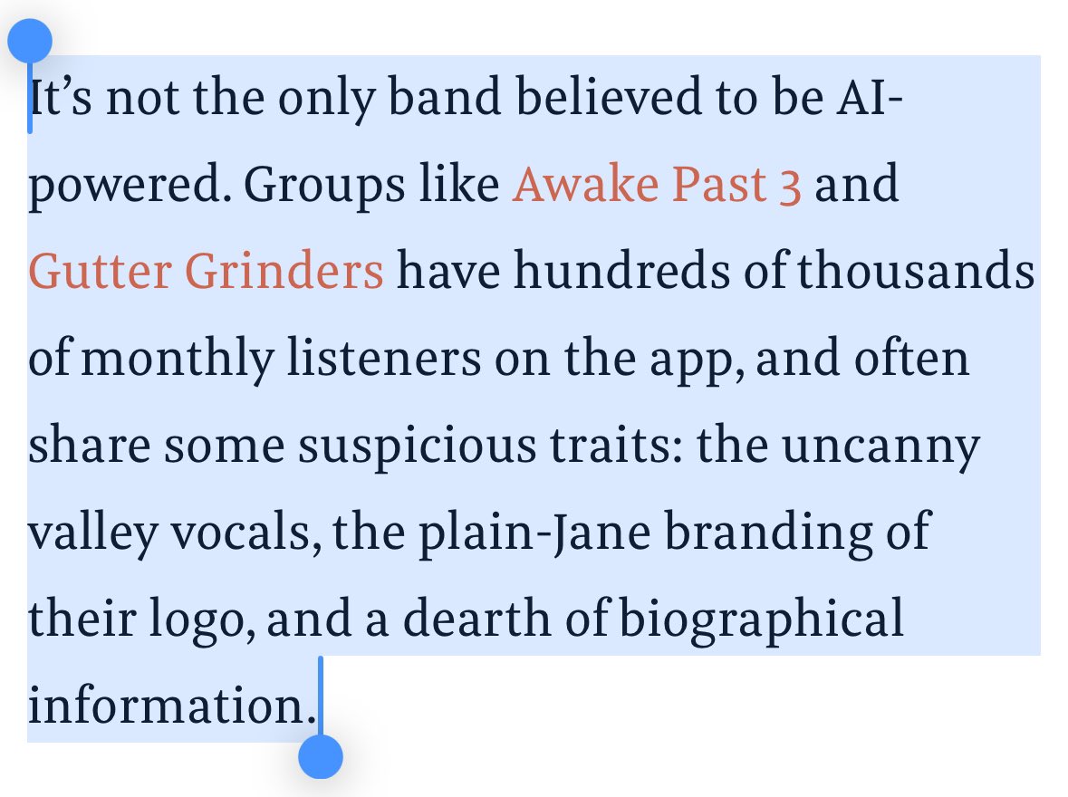 ednewtonrex's tweet photo. The evidence suggests Spotify is intentionally allowing itself to be overrun with AI music:

- Verified artists with AI-sounding vocals, no other online presence
- Some with hundreds of thousands of monthly listeners
- Spotify has doubled down on their messaging that they don’t have a policy against this
- No labelling of AI music means there is no public data on this

As I say in this article by @stokel, Spotify should ban any music made using AI models trained on copyrighted music without permission - these models are training on people’s music to compete with them. And, if it is going to allow other AI music, it should clearly label it so that consumers have a choice over what to listen to.

There’s not only a clear ethical case for this, but a business case too. Platforms that fill themselves with copyright-laundering AI slop will become irrelevant.

https://t.co/L4bN0aakdz