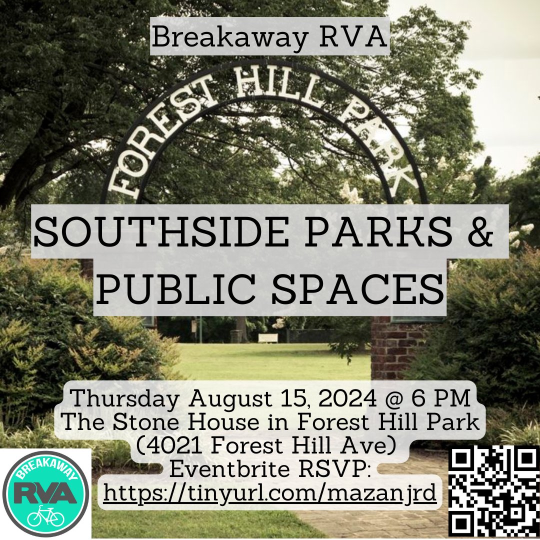 Join us for our August ride! We'll be partnering with several 'Friends Of' groups to tour some of the great parks &amp; public spaces on the Southside. Ride is Thurs Aug 15 @ 6PM taking off from the Stone House at Forest Hill Park
tinyurl.com/mazanjrd