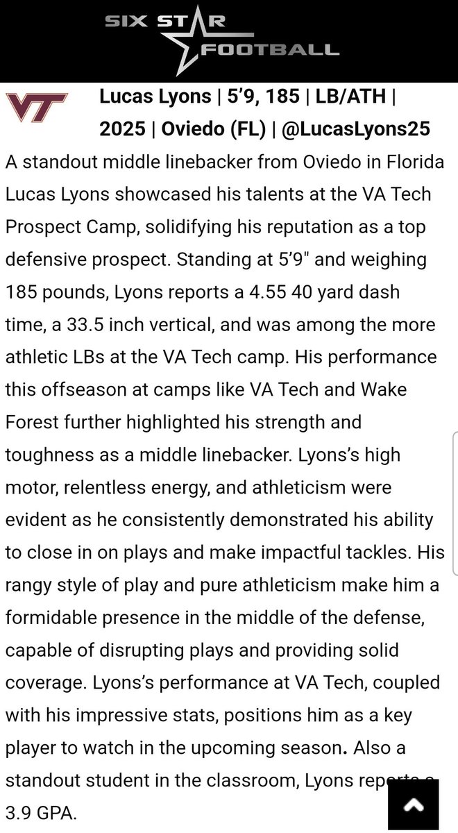 Lucas Lyons (@lucaslyons25) on Twitter photo Really appreciate this, <a href="/sixstarfootball/">Six Star Football | PLUS+</a>! Looking forward to the upcoming season <a href="/Oviedo_Football/">Oviedo Football</a>. 💪
<a href="/OviedoFBRecruit/">Oviedo Football Recruits</a> <a href="/CoachOdierno/">Greg Odierno</a> <a href="/BlanfordDarryl/">Coach DBlanford</a> <a href="/WakeFB/">Wake Forest Football</a> <a href="/HokiesFB/">Virginia Tech Football</a> <a href="/PrepRedzoneFL/">Prep Redzone Florida</a> @On3Recruits <a href="/in_huddle/">InTheHuddleScouting</a> <a href="/NationalPID/">National Prospect ID</a> <a href="/LL7NV/">College Recruiter</a> Really appreciate this, <a href="/sixstarfootball/">Six Star Football | PLUS+</a>! Looking forward to the upcoming season <a href="/Oviedo_Football/">Oviedo Football</a>. 💪
<a href="/OviedoFBRecruit/">Oviedo Football Recruits</a> <a href="/CoachOdierno/">Greg Odierno</a> <a href="/BlanfordDarryl/">Coach DBlanford</a> <a href="/WakeFB/">Wake Forest Football</a> <a href="/HokiesFB/">Virginia Tech Football</a> <a href="/PrepRedzoneFL/">Prep Redzone Florida</a> @On3Recruits <a href="/in_huddle/">InTheHuddleScouting</a> <a href="/NationalPID/">National Prospect ID</a> <a href="/LL7NV/">College Recruiter</a>