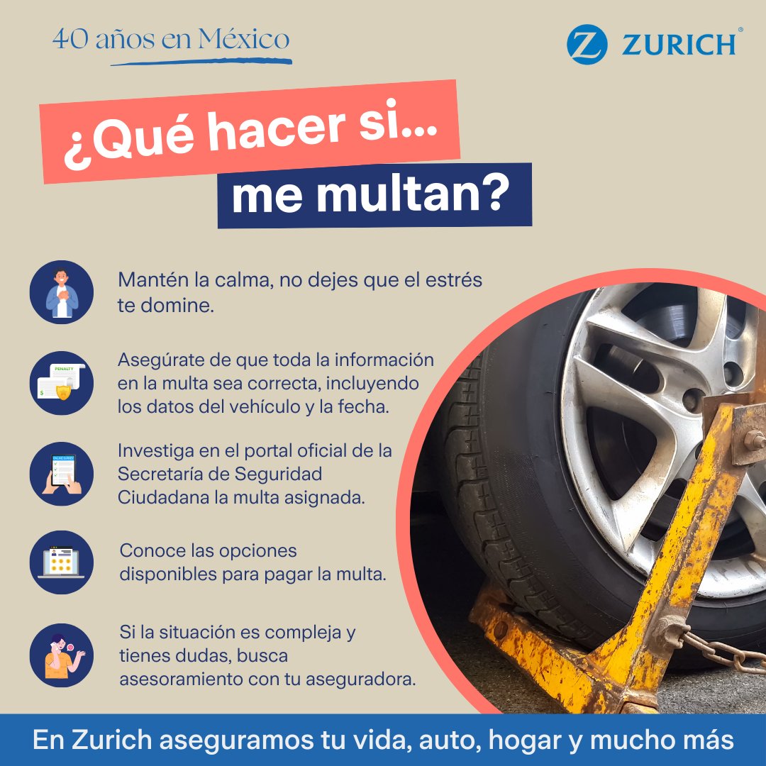 Ante una multa, la mejor defensa es la prevención. Mantente alerta al volante, respeta las normas de tráfico y evita sorpresas desagradables. 🚘🚨 #ConducciónResponsable #ZurichMéxico40Años