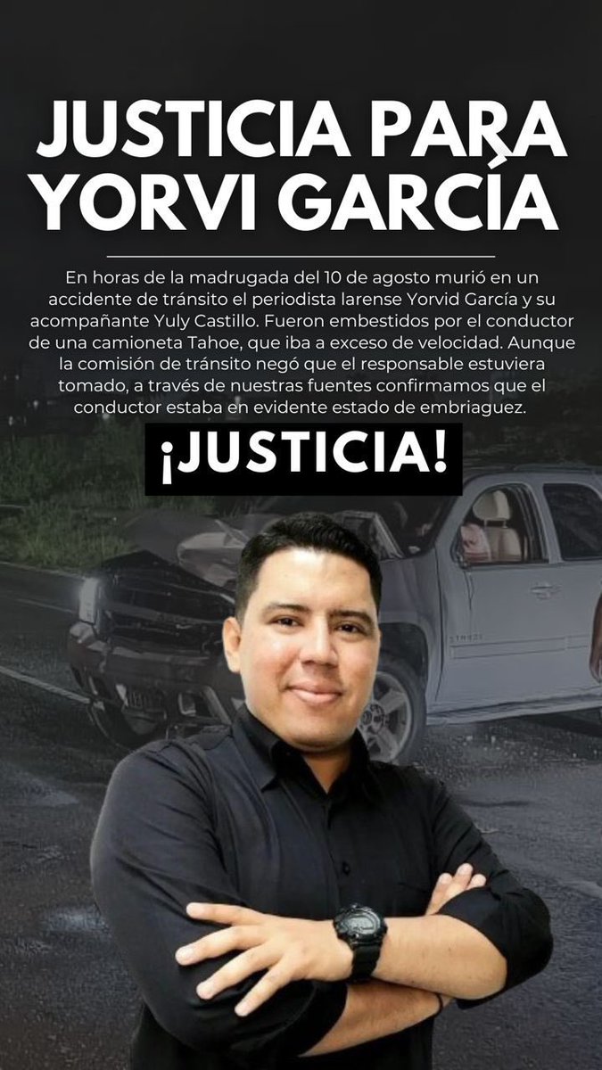 En horas de la madrugada del #10Ago murió en un accidente de tránsito el periodista larense Yorvid García y su acompañante Yuly Castillo. Fueron embestidos por el conductor de una camioneta Tahoe, que iba a exceso de velocidad. #JusticiaParaYorviYYuly