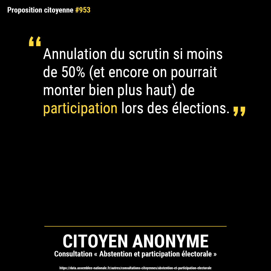 PropCitoyennes's tweet image. Proposition citoyenne anonyme issue de la consultation « Abstention et participation électorale ».
#annulation #élection #démocratie