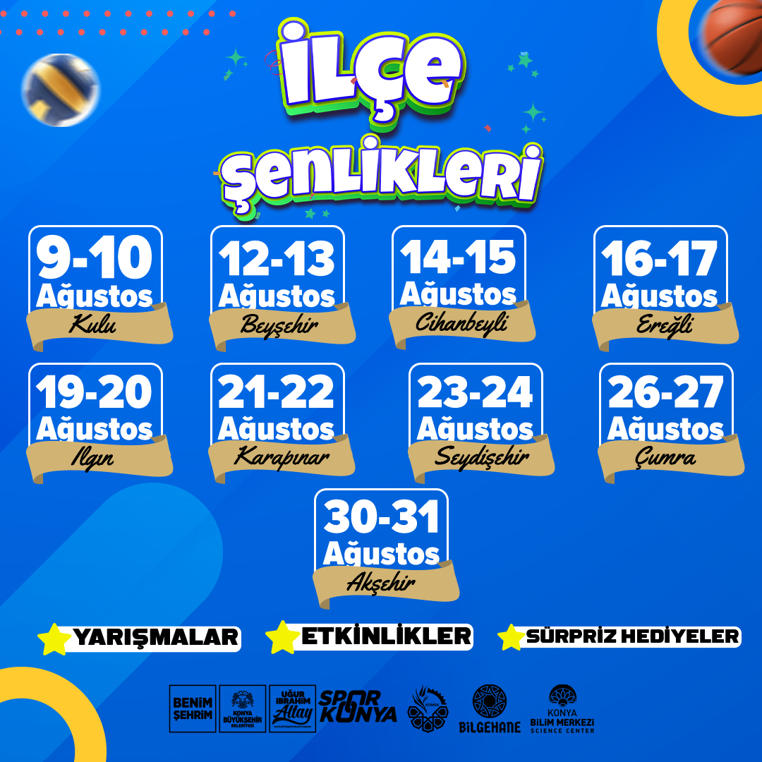 İlçe şenlikleri başlıyor. 9 ilçede düzenlenecek olan spor şenliğini kaçırma!!
Tüm halkımızı, aileleriyle birlikte katılmaları için davet ediyoruz. Gelin, sporun keyfini birlikte çıkaralım!