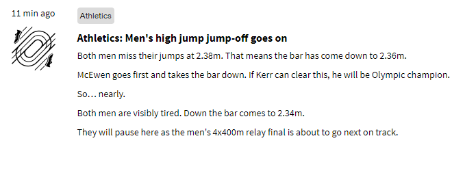TylerDiedrich's tweet photo. @JayPosnerSD The high jump was paused to run the 4x400, according to the Olympics website. That's why NBC showed the final jump after the relay. https://t.co/iaLkFfd6fk