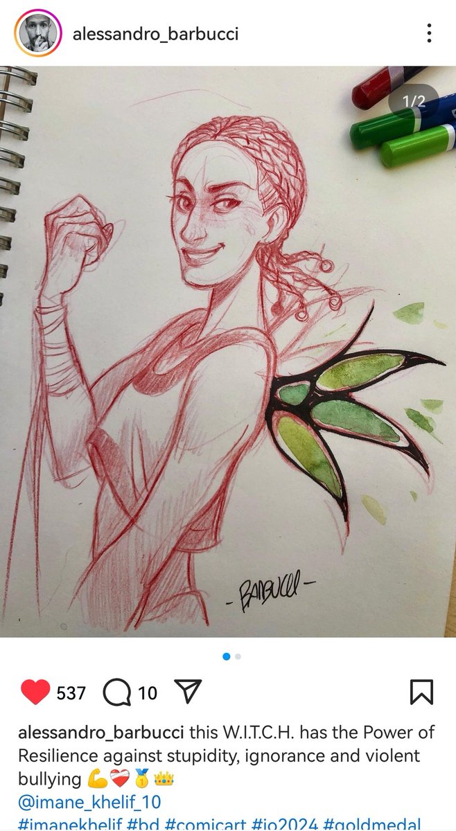 LypseArt's tweet photo. Alessandro Barbucci, the artist behind W.I.T.C.H., has drawn Imane Khelif as a W.I.T.C.H. character to show his support for her ❤️ https://t.co/kSJEgWqzEO