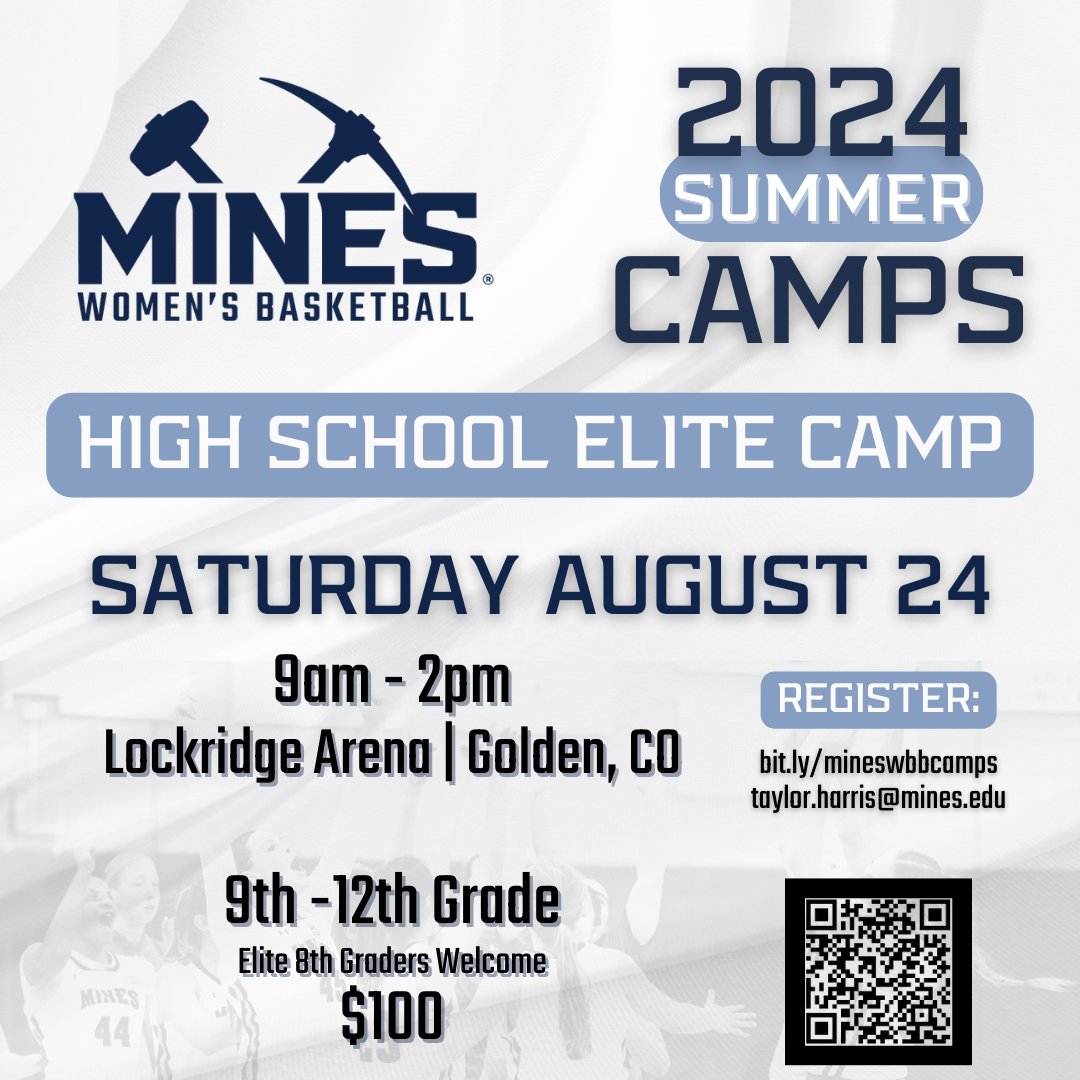 MinesWBB's tweet photo. We’re just a 𝒇𝒐𝒓𝒕𝒏𝒊𝒈𝒉𝒕 away from our high school elite camp!  We’ve got 12 spots left.  Let’s get this camp SOLD OUT & make it a special day!

⭐️ So far we have campers from 6️⃣ different states!
⭐️ Hands on coaching from our staff & all of our players
⭐️ Personal evaluations delivered after camp from our coaching staff
⭐️ Recruiting tips & stories from our current players
⭐️ Experience campus atmosphere while @coschoolofmines is in session
⭐️ Every camper will get a t-shirt or two…or three

⭐️ ⭐️ We hope to sign at least ✌ student athletes from this camp⭐️⭐️

Coaches 🗣️ Send us a DM for a multi-camper discount
Recruits 🗣️ Check your emails this week for more camp information!

💻 https://t.co/3gaDVIQAtC

#HelluvaEngineer #EliteCamp #MaybeWeWillPlayPingPong