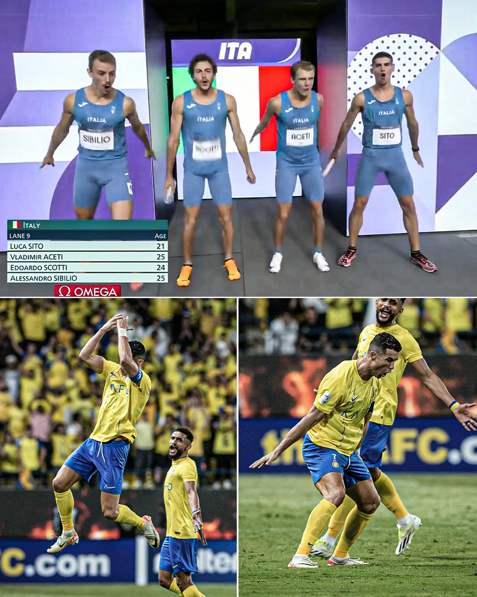 ESPNFC's tweet photo. Italy's 4x400 relay team hit Ronaldo's "Siuuu" celebration during their entrance at the Olympics 😂🔥 https://t.co/8ti82byYne