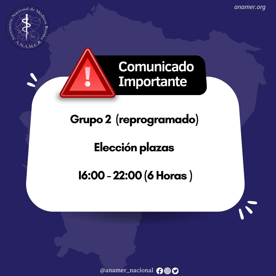 Profesionales de la salud rural se reprogramará la elección de plazas del Grupo 2 que estaba previsto para las 14:00, y se dará entre las 16:00 hasta las 22:00 (6 horas) con la finalidad de mejorar  la efectividad de elección de plaza y solventar el inconveniente generado.