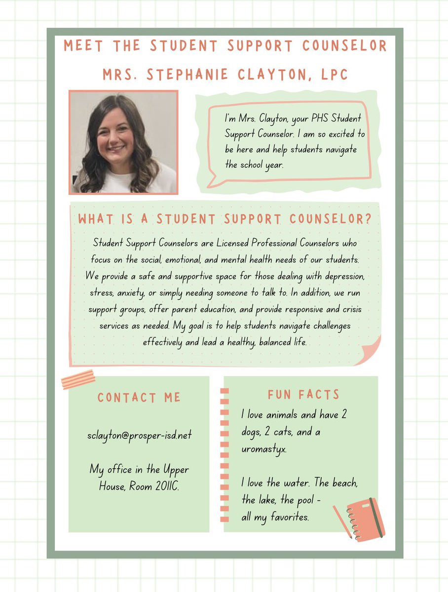 Meet <a href="/StephClay6128/">Stephanie Clayton</a> your <a href="/ProsperHS/">Prosper High School</a> Student Support Counselor.