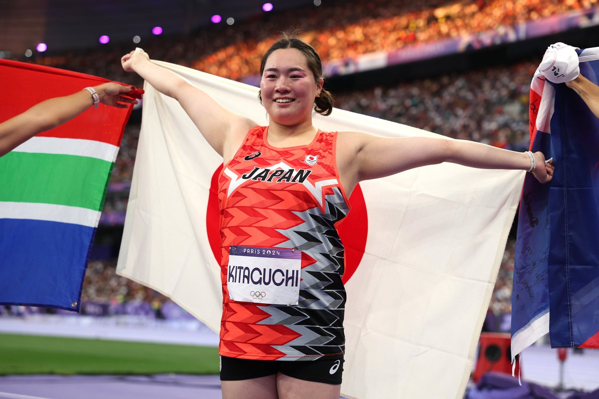 gorin's tweet photo. #パリ2024 の女子やり投で #金メダル を獲得した北口榛花選手✨

陸上競技の投擲種目で日本の女子選手がオリンピックの表彰台に上がるのは初めてのことです👏

あらためて、おめでとうございます🥳

#オリンピック
@TeamJapan @jaaf_official @giant_babyparu https://t.co/kEMsdiHQFO