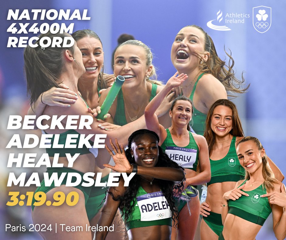 A national record in an Olympic final for 4th place!!!🤯

We are so proud!!! What a team🙌💚

⏱️3:19.90

#Paris2024 | #TeamIreland | #IrishAthletics