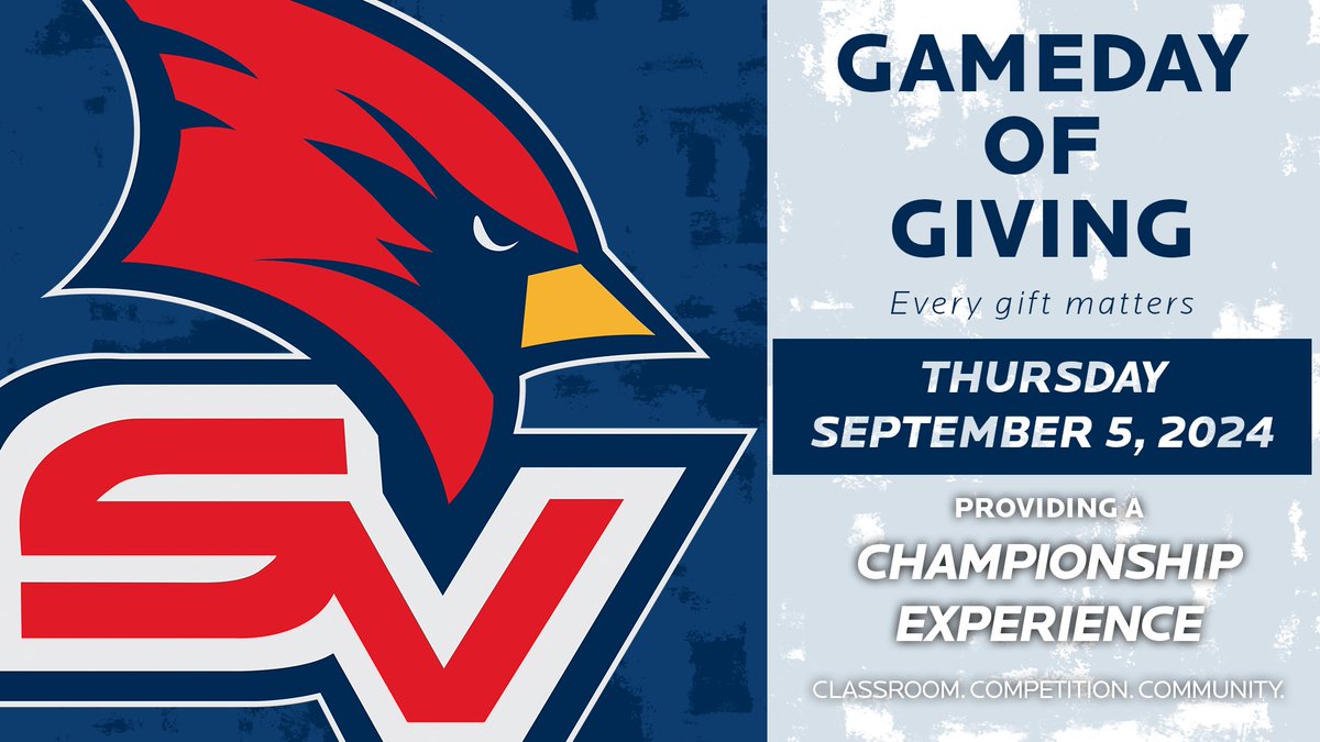 SVSUADLew23's tweet photo. 𝗦𝗔𝗩𝗘 𝗧𝗛𝗘 𝗗𝗔𝗧𝗘: 𝗦𝗘𝗣𝗧. 𝟱 “𝗚𝗔𝗠𝗘𝗗𝗔𝗬 𝗢𝗙 𝗚𝗜𝗩𝗜𝗡𝗚”

Your contributions provide critical funds in support of scholarships and operational expenses.
 
Your gift can be allocated to the Athletics Department general fund or distributed to your favorite sport. https://t.co/Obknpe3sUd