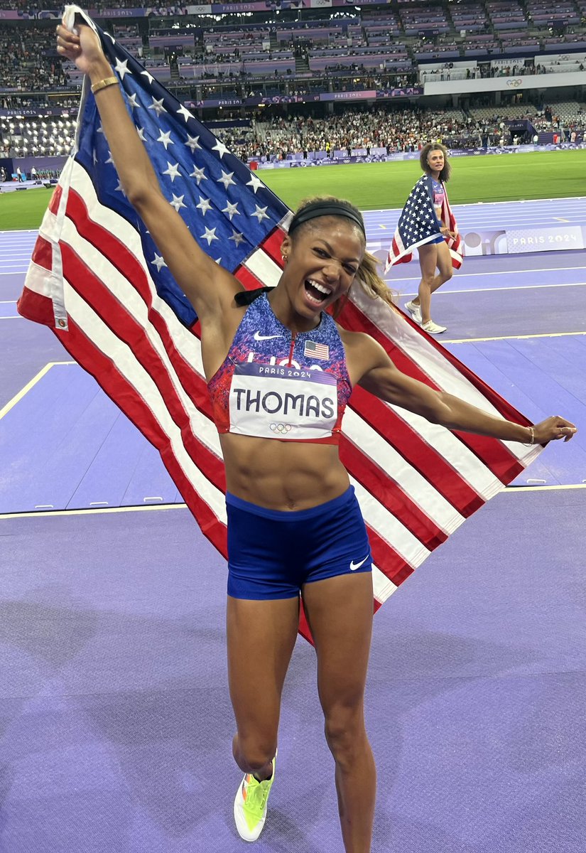 A huge congratulations to <a href="/itsgabbyt/">Gabby Thomas</a> for picking up her 3rd 🥇 of <a href="/Paris2024/">Paris 2024</a> with her excellent 3rd leg of the <a href="/TeamUSA/">Team USA</a> 4x400m relay, finishing in 3:15.27, a new American record!!!