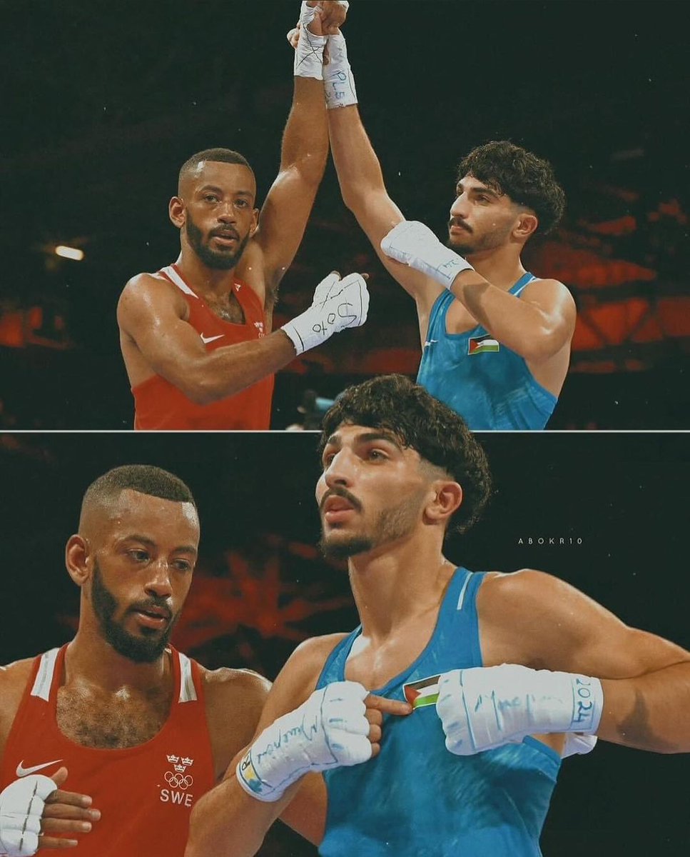 FepalB's tweet photo. Cena histórica das Olimpíadas: Após vencer o palestino Wassem Abu Sal, o sueco Nebil Ibrahim ergue a mão dele em solidariedade.

"Uma honra enfrentar o primeiro boxeador palestino nas Olimpíadas. Ele representa não apenas seu povo, mas todas as nações oprimidas do mundo" 🇵🇸✌️ https://t.co/WPxqiCzmrr