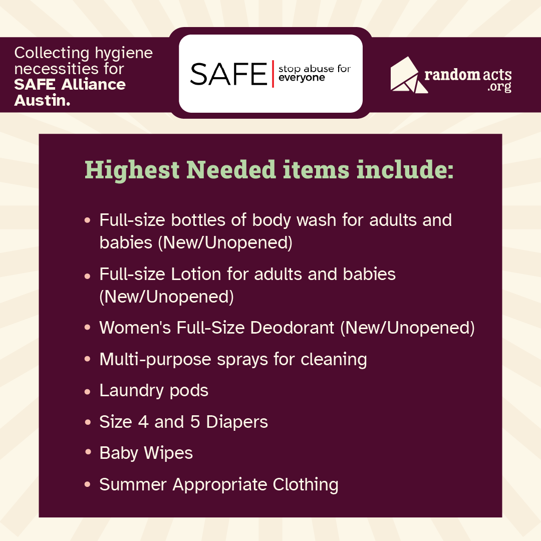 We are headed to Austin for Creation Austin from August 16-18! Learn about Random Acts' incredible work and help us collect hygiene necessities for SAFE Alliance Austin. Let's spread kindness together. 💙💚 #RandomActs #CreationAustin #SAFEAllianceAustin #SpreadKindness <a href="/SAFEatx/">SAFE</a>