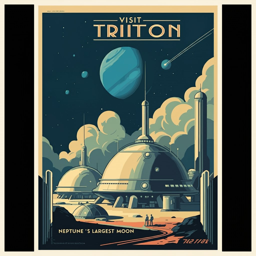 Another one: Design a vintage-style travel poster for a fictional lunar resort of Triton, a moon of neptune . The poster should feature retro-futuristic art deco styling with the text 'Visit Triton: Neptune 's largest moon' prominently displayed.