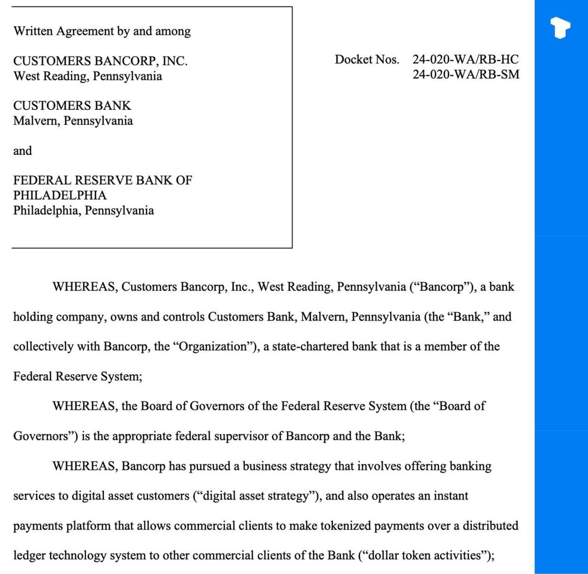 Customers Bank, which has done business with several prominent crypto firms, has been issued an enforcement action by the U.S. Federal Reserve for inadequately policing illicit activity, particularly with digital asset clients.