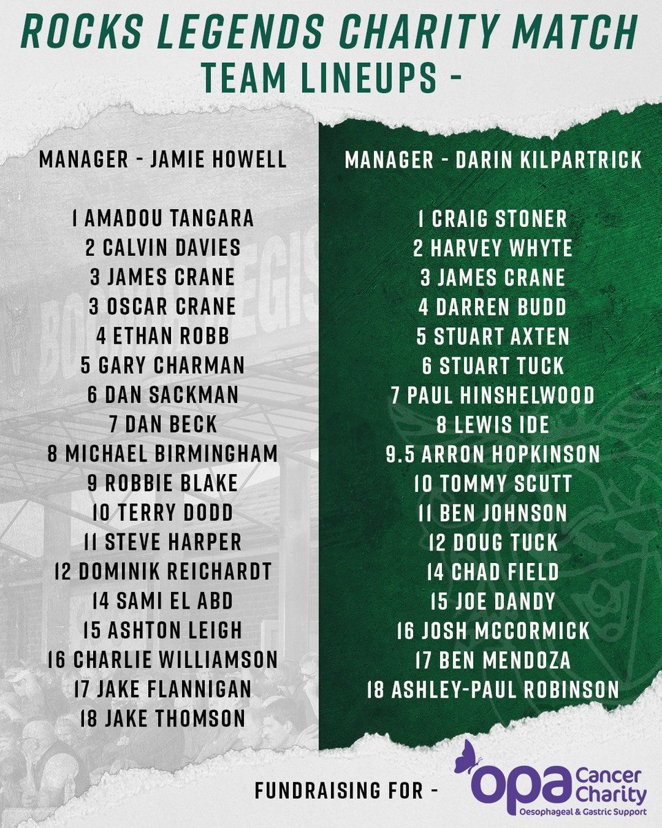 THE TEAMS ARE SET for tomorrow's charity match, which is FREE ENTRY!  

Donations encouraged for James Crane's OPA Cancer Charity Fundraiser with all of these legends!  

Nyewood Lane, kick off at 3pm!  💚