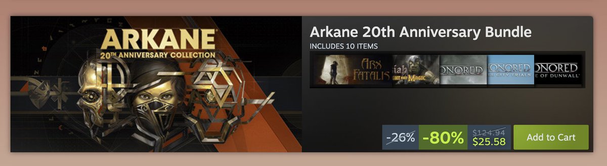 Warrior Cook Zerbraxi (@zerbraxi) on Twitter photo Seeing this on Steam today...a celebration of 20 years of <a href="/ArkaneStudios/">Arkane Studios</a> games...a studio that had the Austin branch shut down just months ago but their work is being "celebrated"...it makes me sick. Seeing this on Steam today...a celebration of 20 years of <a href="/ArkaneStudios/">Arkane Studios</a> games...a studio that had the Austin branch shut down just months ago but their work is being "celebrated"...it makes me sick.