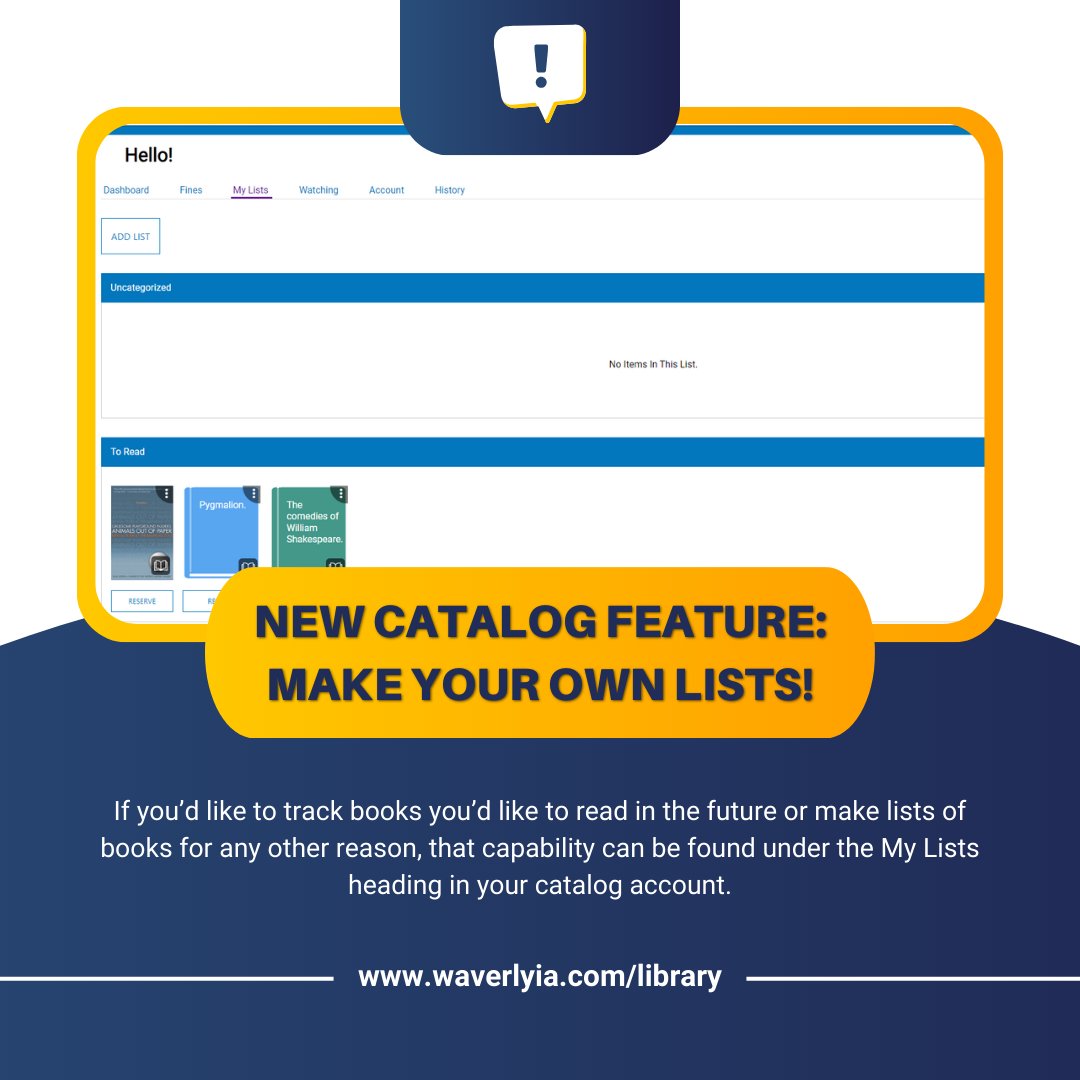 WaverlyLibrary's tweet photo. Stop losing your paper scrap "want to read" lists and move them to your catalog account! You can make all kinds of different lists to track books and other materials that you're not ready to get to just yet. https://t.co/t3ILwUPh7k