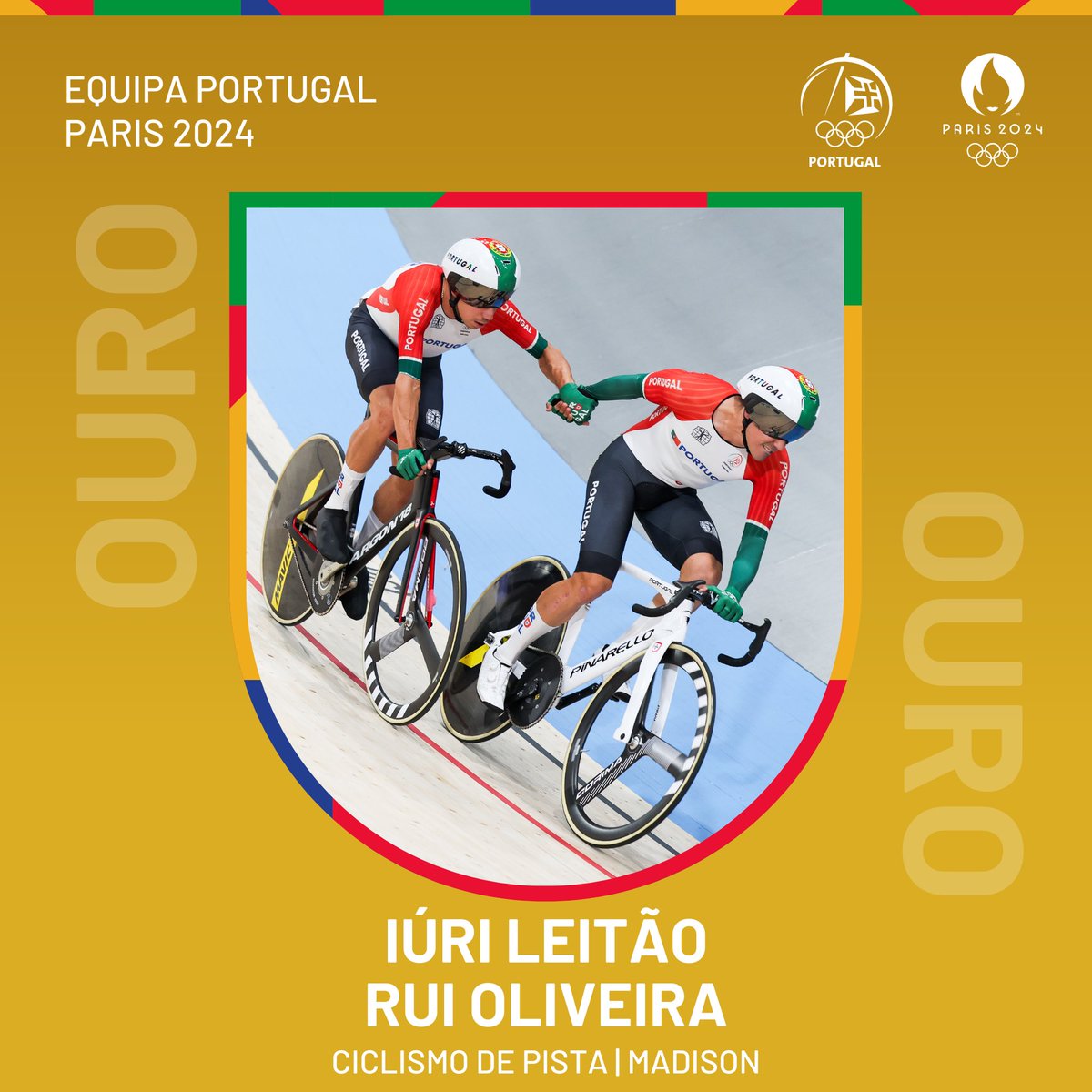 NVPORTUGAL's tweet photo. #Olympics : Iúri Leitão 🇵🇹 et Rui Oliveira 🇵🇹 remporte tous deux la médaille d'OR 🥇 en cyclisme sur piste !!!

Il s'agit de la deuxième médaille olympique pour Iúri Leitão lors de ces jeux de #Paris2024 ! https://t.co/n6ZzO8N4JN
