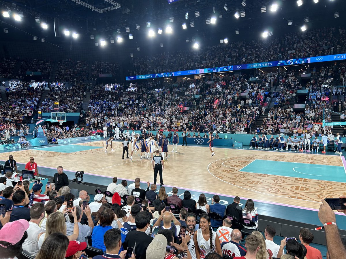 CEOAdam's tweet photo. Many of you know I was connected to the NBA for over a decade. In that light, it is a privilege to be in Paris at Olympics Gold Medal basketball: Team USA and France.  20 of the 24 players on the two squads are current or former NBA players. It is SO loud in Bercy Arena. https://t.co/593Pnbc7Sk