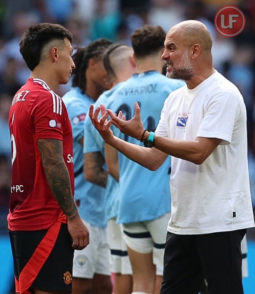UtdFaithfuls's tweet photo. 🚨📸 - Licha x Pep after the game.

"Lisandro Martinez is top 5 centre-backs in the world."

🧠🤝 https://t.co/N8h7xpBHRp
