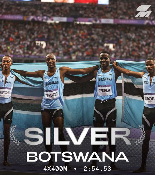 Botswana's tweet photo. Team Botswana win SILVER in the mens 4x400 Metres Relay
Congratulations to the Botswana quartet of: Bayapo Ndori, Busang Collen Kebinatshipi, Anthony Pesela, Letsile Tebogo. Botswana broke their African Record to win Silver 🥈 in a time of 2:54.53 https://t.co/zAOlsj8zGq