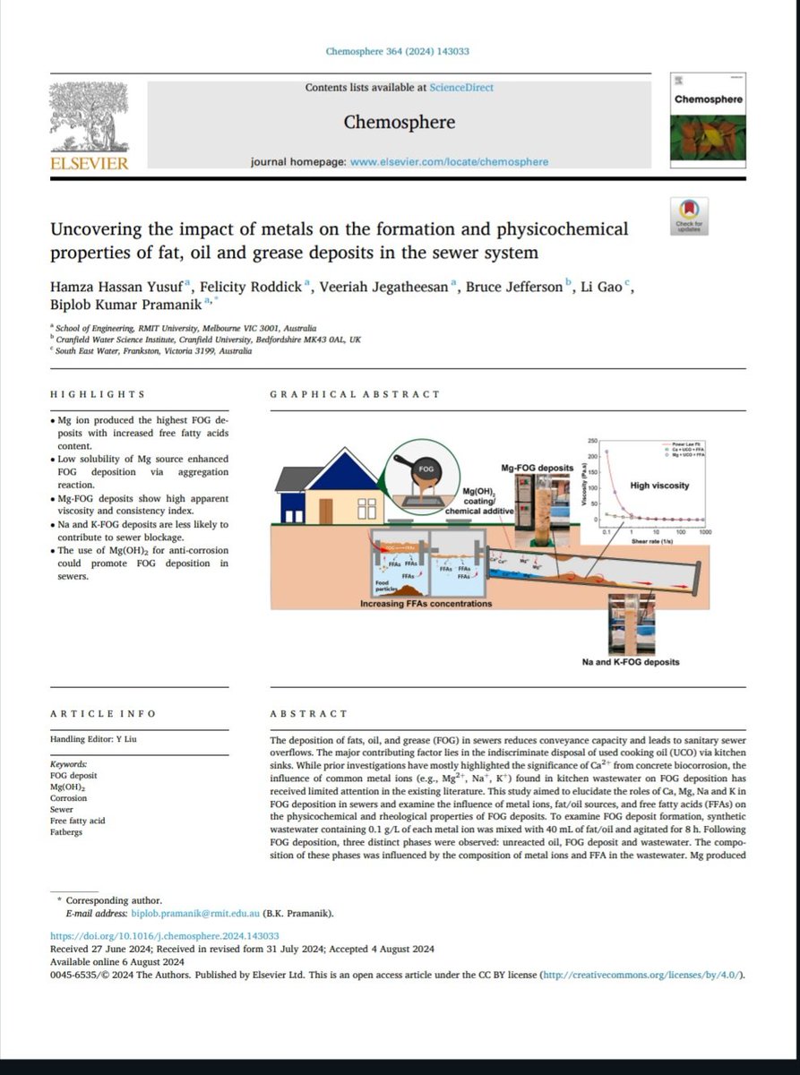 hamzeedodoh's tweet photo. I’m excited to share our latest PhD research published in Chemosphere: "Uncovering the impact of metals on the formation and physicochemical properties of fat, oil, and grease deposits in the sewer system.". 

Read the full paper here: https://t.co/r5Irh8391d https://t.co/kfaUIE2i6W