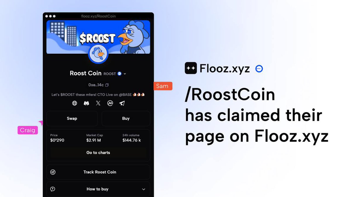 We have officially claimed our custom Roost page on <a href="/flooz_xyz/">Flooz.xyz</a>. You can buy and swap directly from our link in bio from anywhere!

From fiat to $ROOST in a few clicks.

A huge step in the process of onboarding as many Roosters to <a href="/base/">Base</a> as possible.