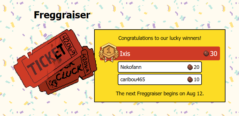 Ixis, Nekofann, and caribou465 have been chosen by Gob himself as the winners of the first Freggraiser!

There will be 3 more raffles in this series. Visit the Temple to grab some tickets when it opens back up on Monday.

The next winner could be you!