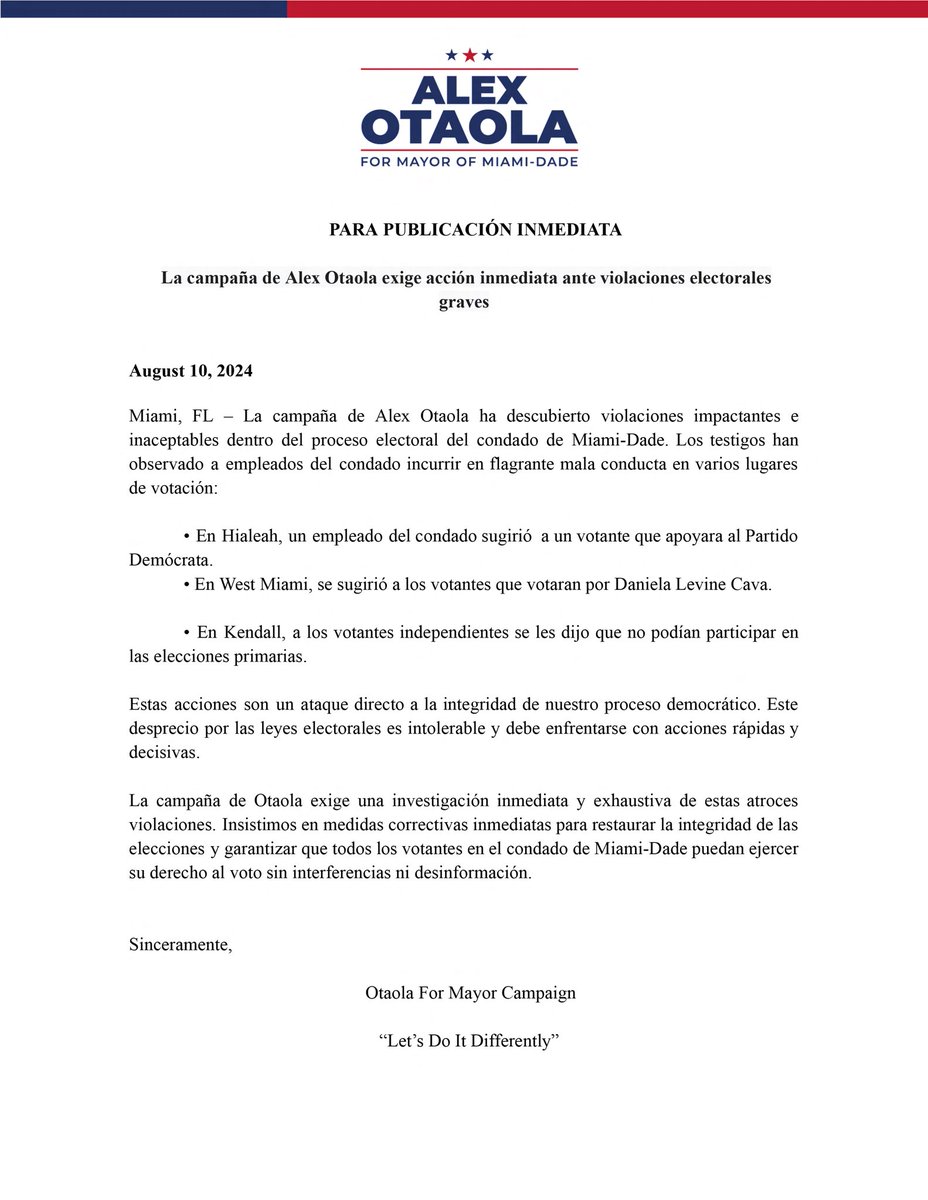 The Alex Otaola campaign has uncovered shocking and unacceptable violations within Miami-Dade County’s election process. Witnesses have observed county employees engaging in blatant misconduct at several polling locations:
•In Hialeah, a county employee brazenly instructed a