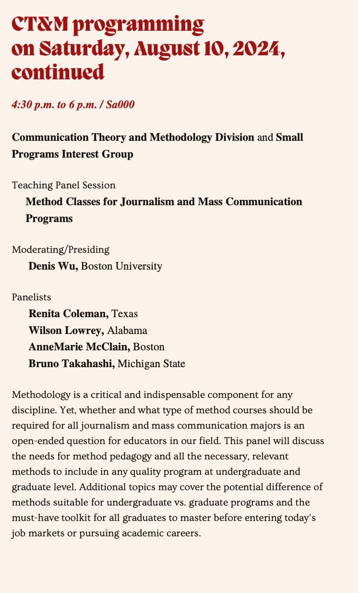 AEJMC CT&M Division (@aejmc_ctm) on Twitter photo Methodology and pedagogy? You got it, starting in 15 minutes by us and <a href="/aejmcspig/">AEJMC SPIG</a>. Moderated by <a href="/hdeniswu/">Denis Wu</a>. With <a href="/AnneMarieKMC/">AnneMarie McClain, PhD (she/her)</a> <a href="/DrBTakahashi/">Bruno Takahashi</a> Renita Coleman and Wilson Lowery. Methodology and pedagogy? You got it, starting in 15 minutes by us and <a href="/aejmcspig/">AEJMC SPIG</a>. Moderated by <a href="/hdeniswu/">Denis Wu</a>. With <a href="/AnneMarieKMC/">AnneMarie McClain, PhD (she/her)</a> <a href="/DrBTakahashi/">Bruno Takahashi</a> Renita Coleman and Wilson Lowery.