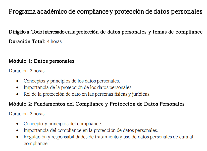 🌟 Taller Virtual: Compliance y Protección de Datos Personales 🌟

🗓 Fechas: 26 y 28 de agosto
🕒 Horario: 7:00 PM - 9:00 PM
👥 Docentes: Roberto Santana y <a href="/Emelyga/">Emely García</a> 
💰 Inversión: Solo 600 pesos por participante